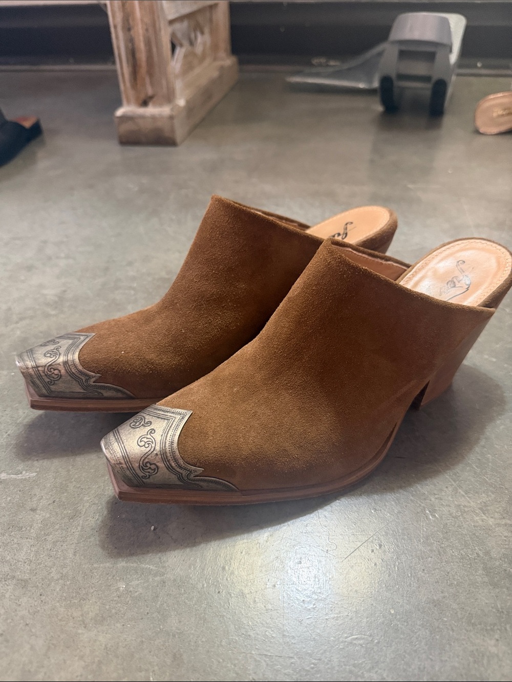 Free People Brown Suede Western Mule Clogs with Metal Toe Accent